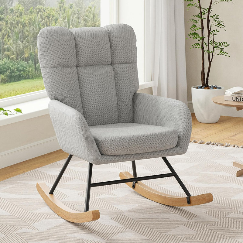 Chaise berçante moderne, chaise berçante texturée avec base en bois massif, Gris