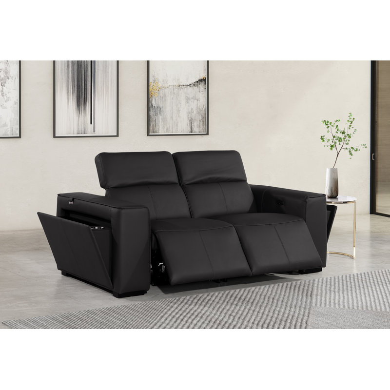 Top Grain Italian Leather Modular Power Dual Reclining Loveseat With Power Headrests, Black