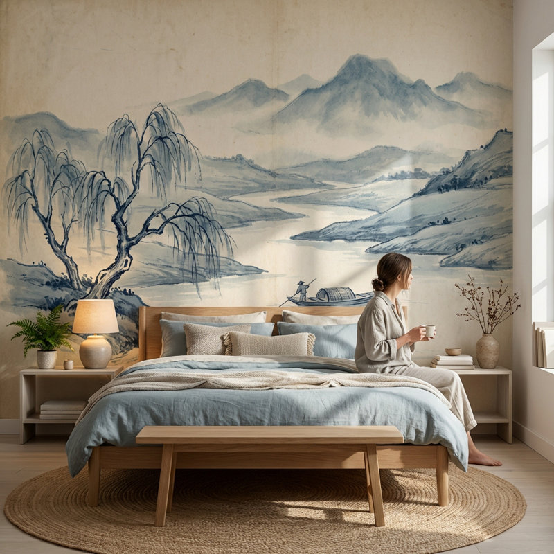 Papier peint paysage traditionnel Serene Willow, Non tissé non collé, 120" x 96"