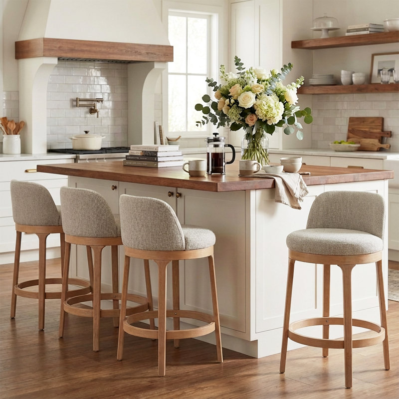 Tabouret de comptoir avec dossier ergonomique Elio, 4, Siège beige / structure naturelle