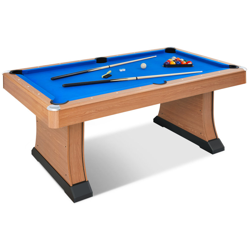 RayChee 6' Pool Table with Wood Finish, Modern Billiard Table with 2 Cues, Balls, Rack, Brush, Chalk, Leg Levelers
