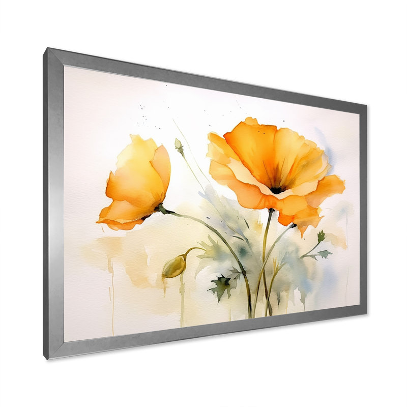 «Watercolor California Yellow Poppy», reproduction sur toile, H 16 po x l 32 po x P 1 po, Cadre simple argenté