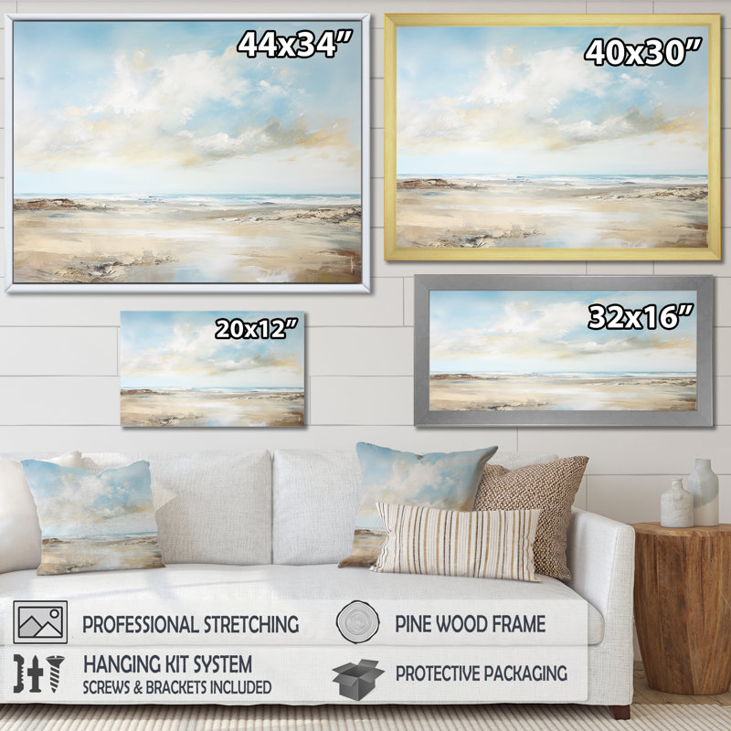 «Beige et bleu plage», horizon minimal III sur toile, Cadre simple noir, H 30 po x l 40 po x P 1,5 po