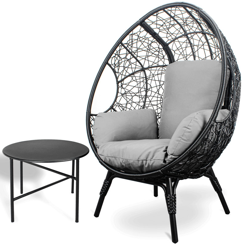 Chaise de patio en osier PE modèle 4 avec table d'appoint, Gris, Noir