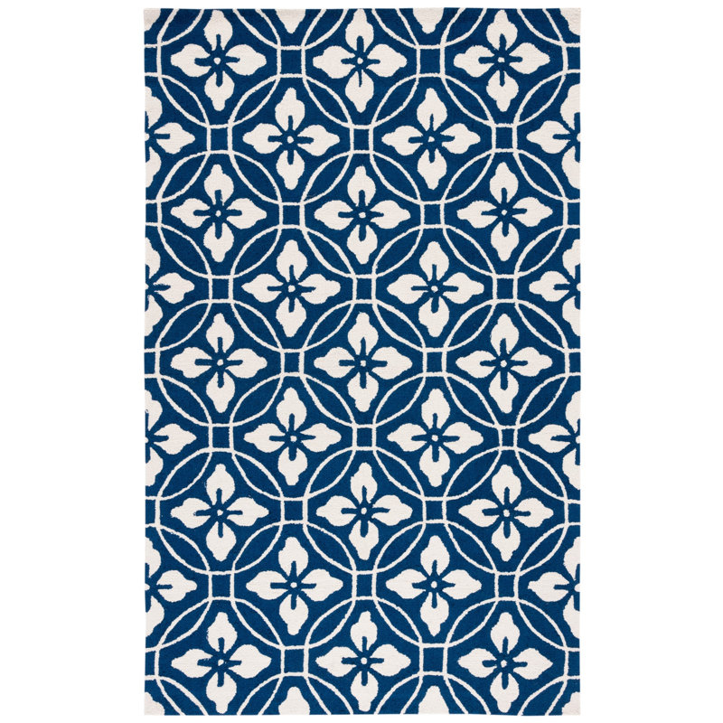 Berchmans Geometric Hand Hooked Navy/Ivory Indoor / Outdoor Area Rug, Rectangle 3'6" x 5'6"