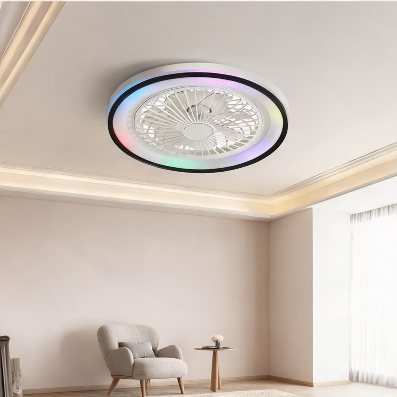 White Abs Ceiling Fan for Bedroom with Remote Operation and LED Illumination, Low Profile Mount