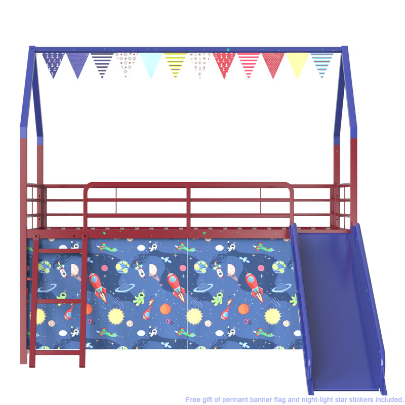 Ensemble lit mezzanine simple avec glissade et rideau Jack Junior