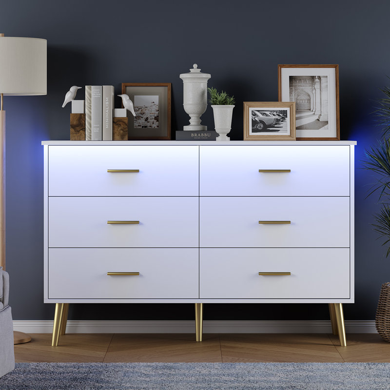 Roselynne 6 - Drawer 46.5" W Double Dresser with LED Light ,Chest of Dressers for Bedroom, Gold/White