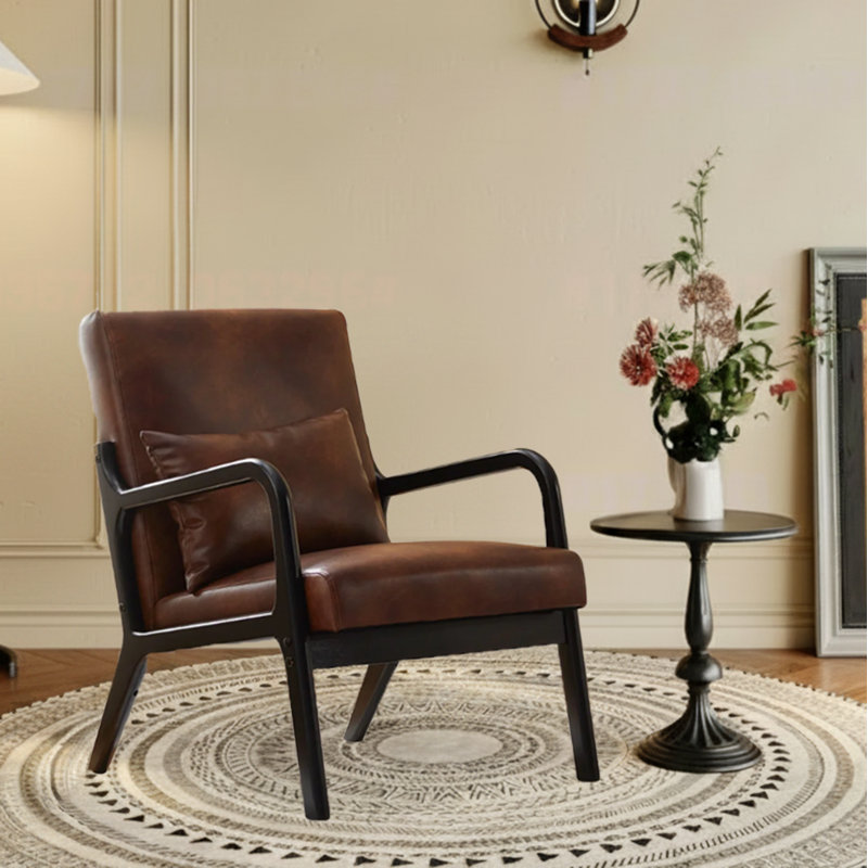  23.4" W Mid-Century Modern Upholstered Faux Leather Accent Armchair with Pillow, Solid Wood Frame, Vintage Brown