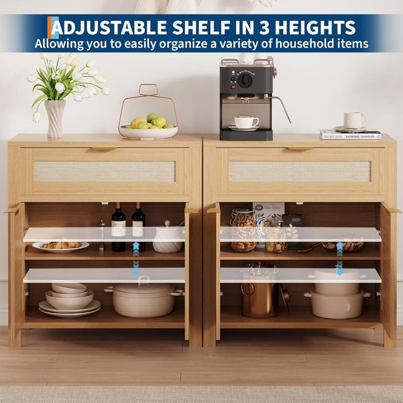 Buffet moderne en rotin, ensemble de 2 buffets étroits avec tablettes réglables, Jaune
