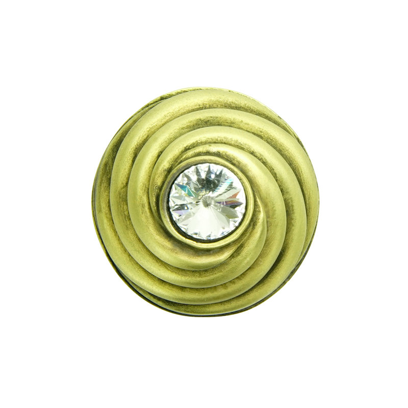 Cache medium round knob with side crystals in finish Museum Gold, Antique Brass