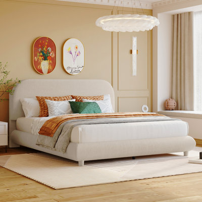 Teddy Fleece Queen Size Upholstered Platform Bed With Thick Fabric, Solid Frame And Stylish Curve-Shaped Design