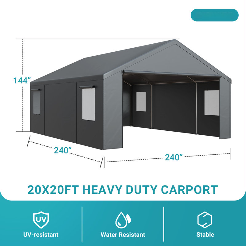 20 ft. x 20 ft. Heavy-Duty Carport Canopy, Portable Garage with Roll-Up Door, Windows and Reinforced Base