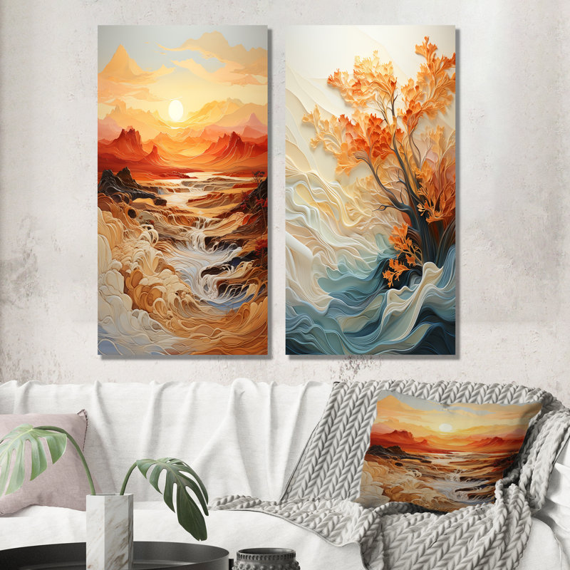 «Orange Bold Waterfall Sunrise I», ensemble de 2 reproductions d'art abstrait, Toile tendue, H 40 po x l 41 po