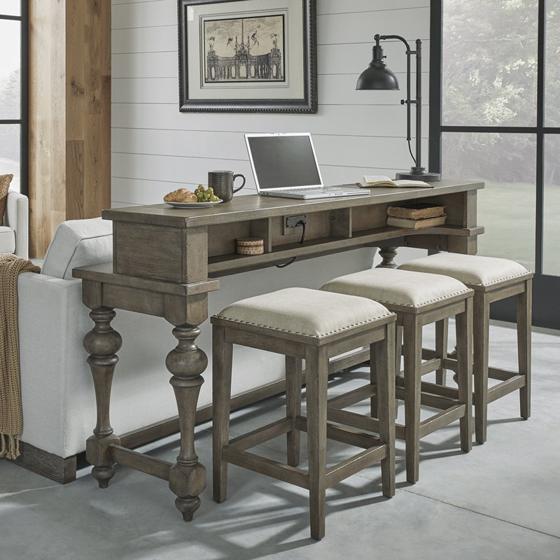 Aisja 76" Console Table Set w/ Three Upholstered Stools & USB Charging Station