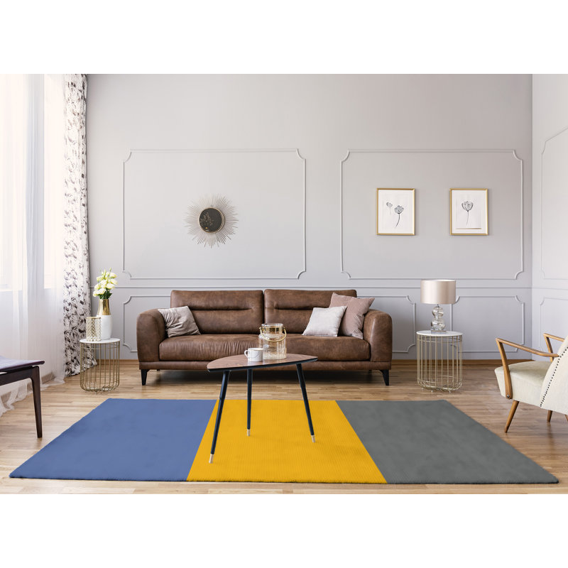 Tapis bleu/jaune/gris rayé, Rectangle 8 pi x 10 pi