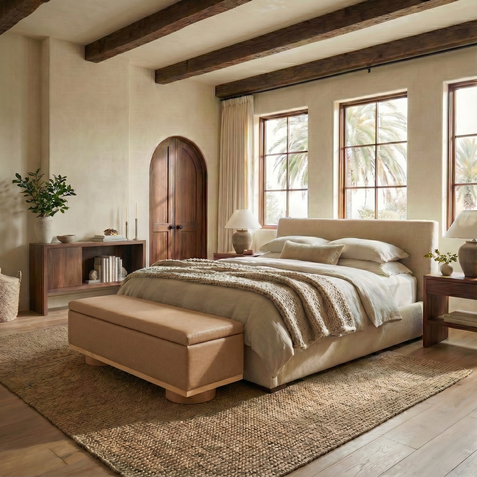 Morje 61" Linen Entryway Bench, Camel Vegan Leather, Natural