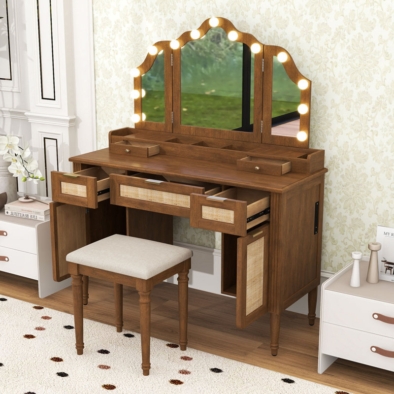 Ensemble de coiffeuse avec miroir à trois volets, station de charge intégrée et tiroirs de rangement, Espresso