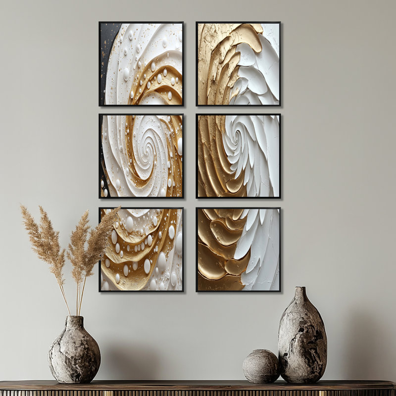 «White and Gold Rose Love Spiral», ensemble d'art mural abstrait à spirales abstraites de 6, Noir