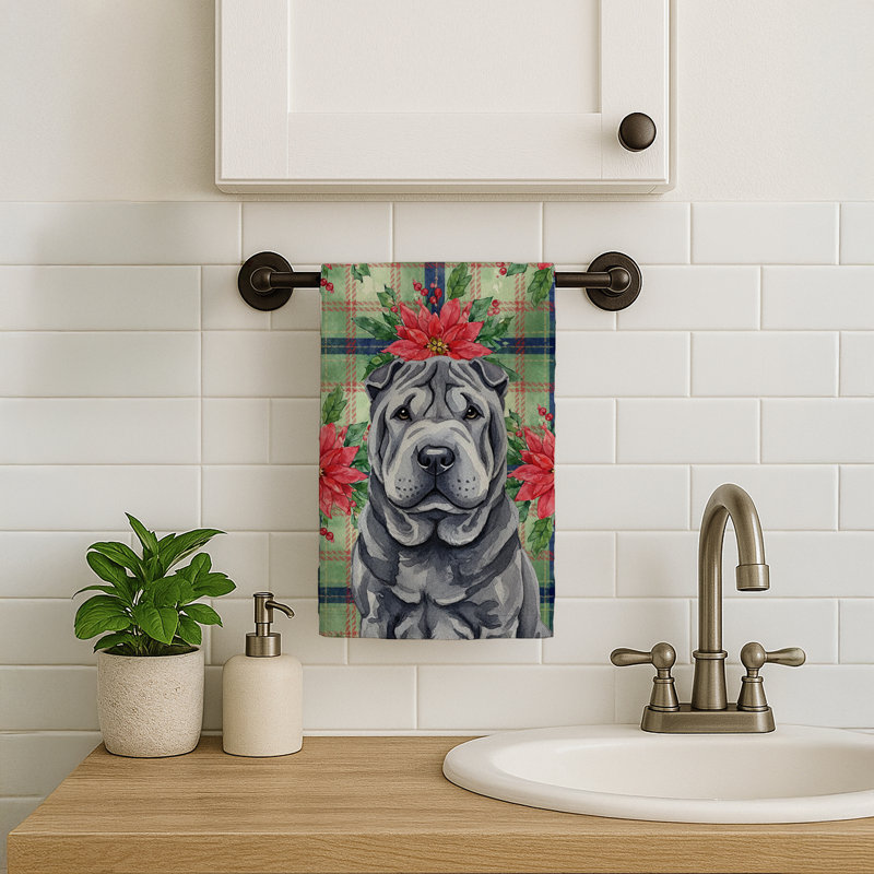 Black Shar Pei Christmas PoinsettIas Kitchen Towel, Black Shar Pei