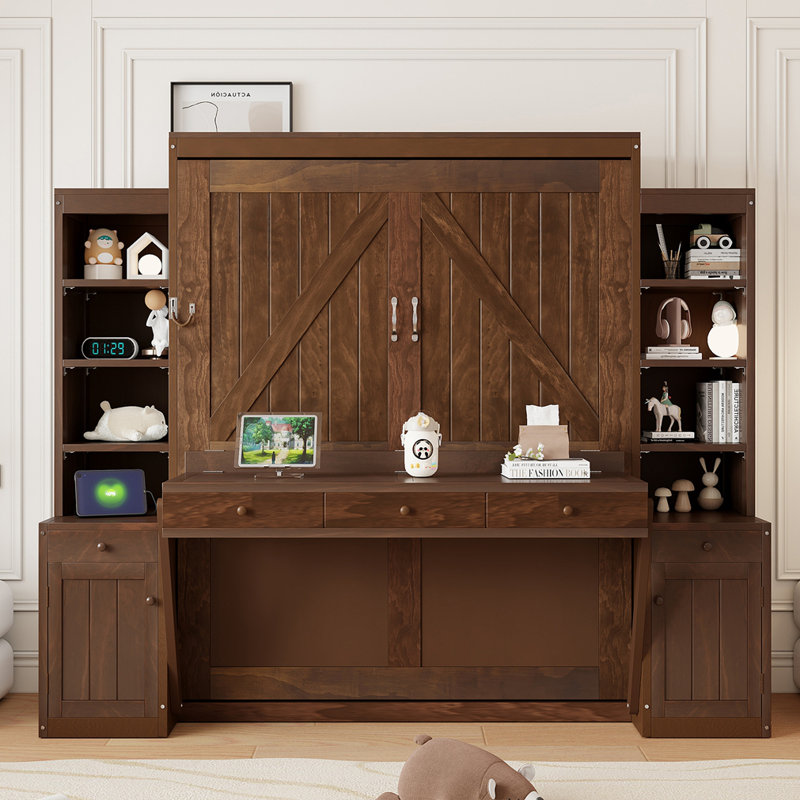 Grand lit escamotable avec bureau et rangement, Marron foncé