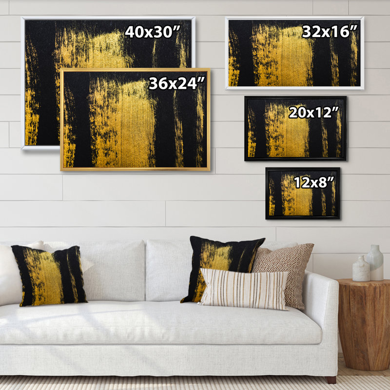 Coups de pinceau vert doré - Impression sur toile, H 16 po x l 32 po x P 1 po, Cadre flottant noir