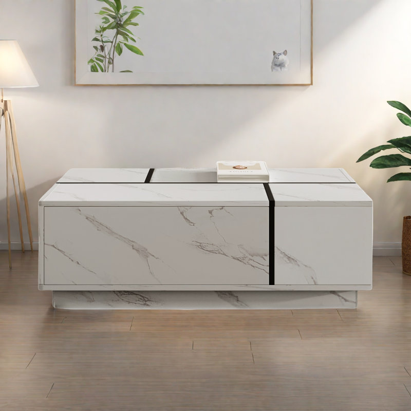 Rectangular Sliding Top Coffee Table With 2 Drawers And 2 Hidden Storage Compartments, White