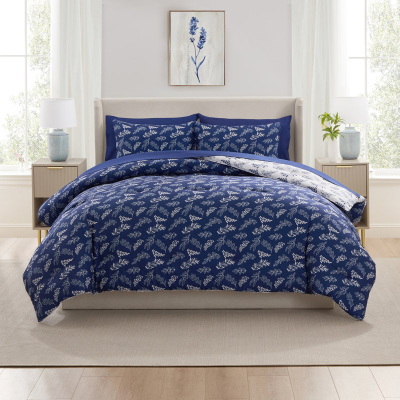 Nestl Botanical Bed in a Bag 7 piece Comforter Set with Sheets & Pillow Shams, Majestic Blue/Lunar Gray
