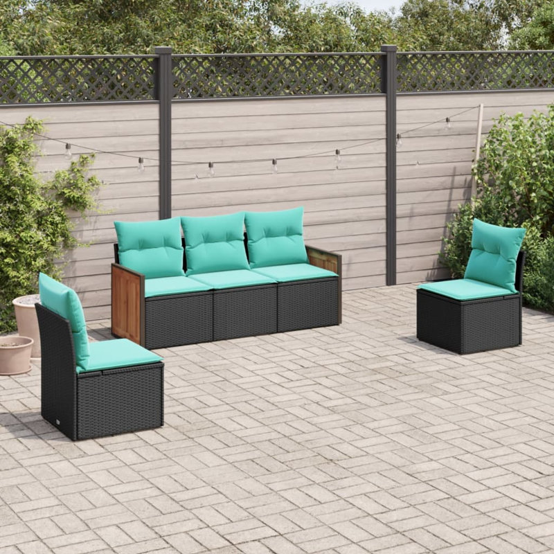  Ensemble de canapé de patio 5 pièces avec coussins en rotin de polyester noir