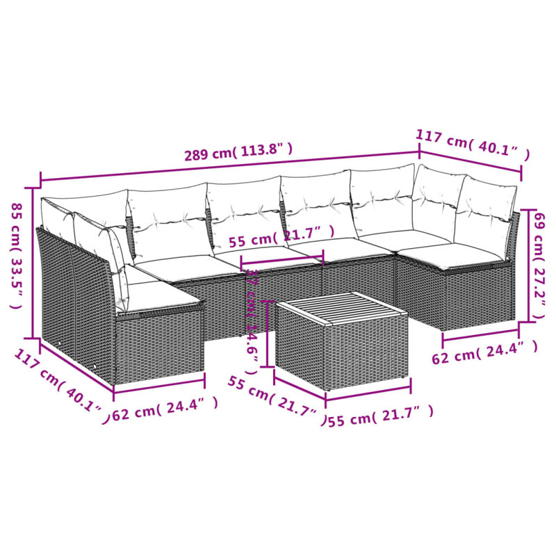 Ensemble de canapé de patio 8 pièces avec coussins en rotin de polyester, Bleu clair, Noir