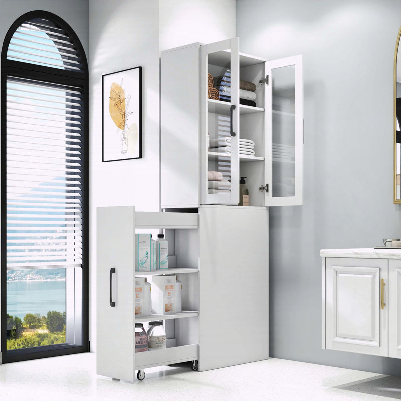 Armoire de rangement 70,87 "avec tablette coulissante à 4 niveaux et 2 portes en verre, Blanc