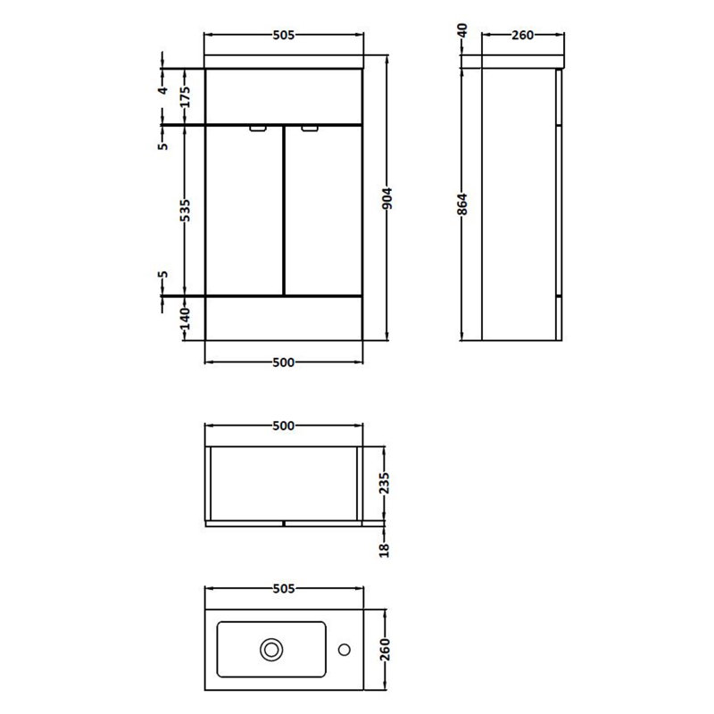 Fusion 505mm Single Bathroom Vanity with Integrated Polymarble Basin, Gloss Grey Mist