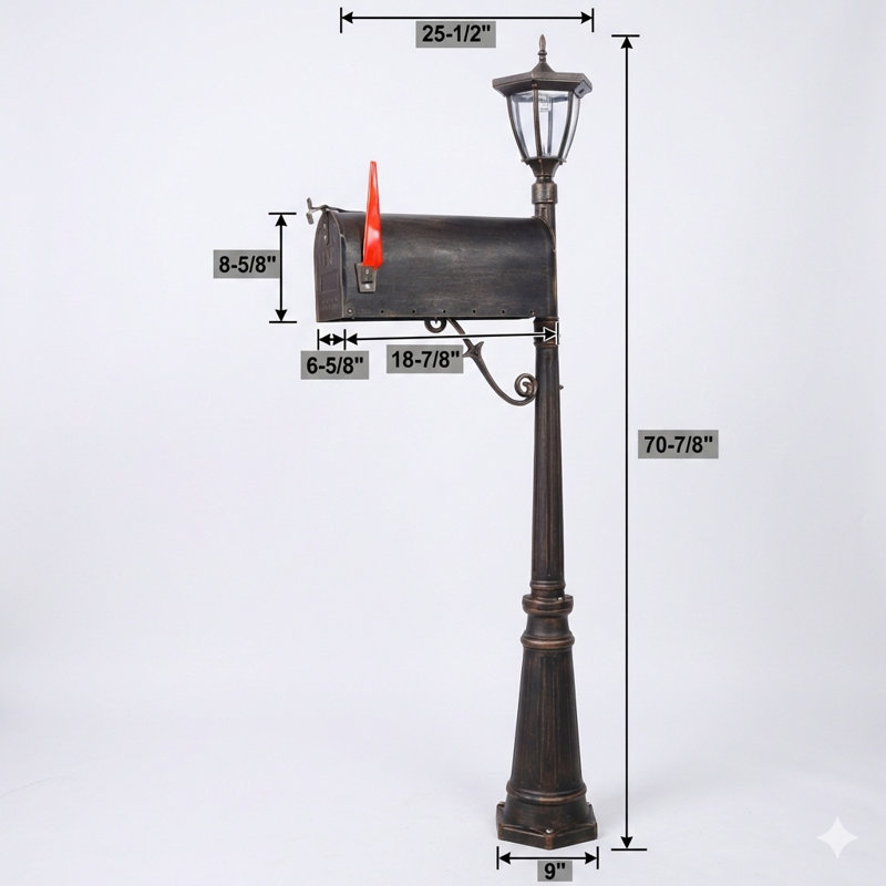 A Combined Mailbox And Lighting System, Featuring A Fluted Base Post And A Decorative, Sturdy Cast Aluminum Mailbox Unit Designed For Outdoor Installation.