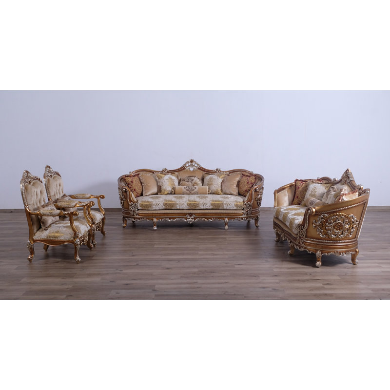 3 Piece Saint Germain Living Room Set, Gold/Beige/Light Brown