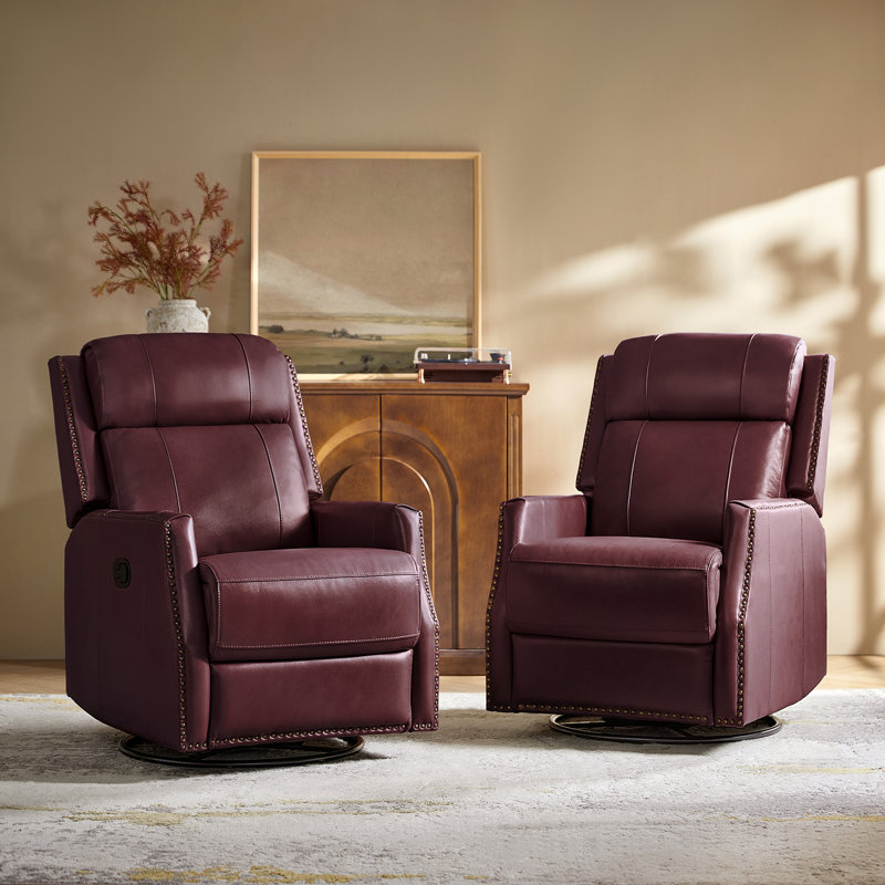 Annarita Genuine Leather Manual Swivel Rocking Recliner (Set of 2), Burgundy