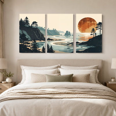 «Coastal Cliff and Pine Trees with Large Rust», ensemble de 3 toiles murales