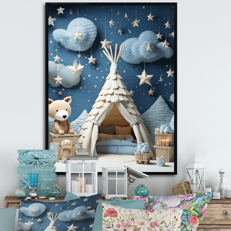 Child Nursery starry Night I - Animal Nursery, art mural, Cadre flottant noir, H 40 po x l 30 po x P 1,5 po