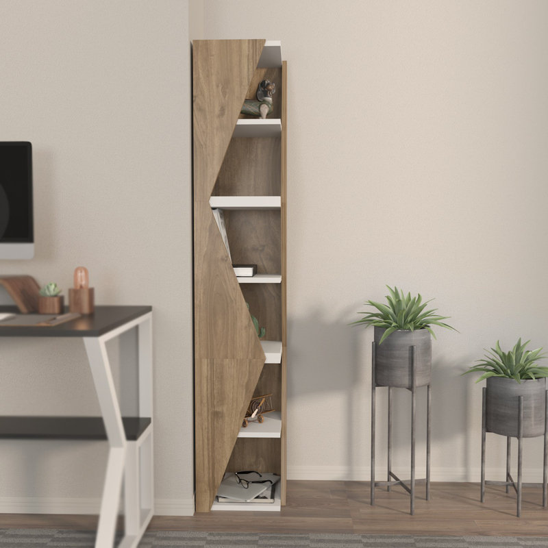 Bibliothèque moderne en noyer et blanc, 63,0 po x 12,6 po x 12,6 po | Panneau de particules durable recouvert de mélamine à 100%, épaisseur: 0,7 pouce | Solution de rangement élégante pour la maison et le bureau, conception peu encombrante