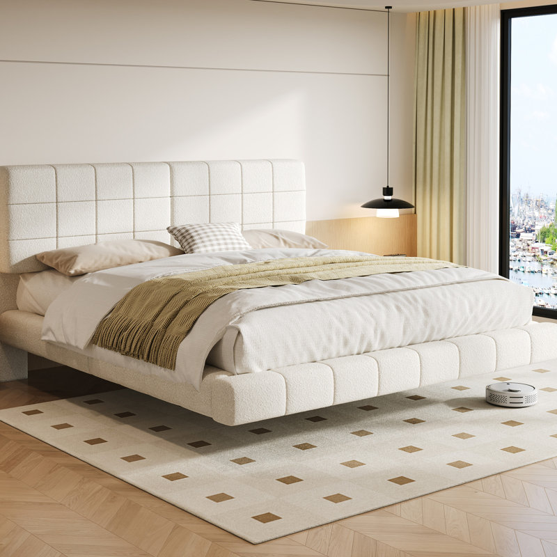 Queen White Boucle Bed With Floating Function And , Soft Material, Unique Atmosphere, - Collision Feature, Effortless Cleaning Multi Tone Lighting Skin Upholstery, Futuristic Style, Protection,