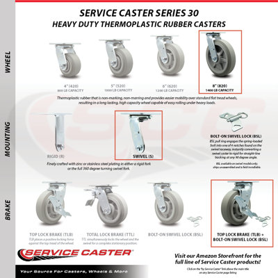 8 Inch Thermoplastic Rubber Caster Set with 2 Brakes/Swivel Lock 2 Rigid SCC
