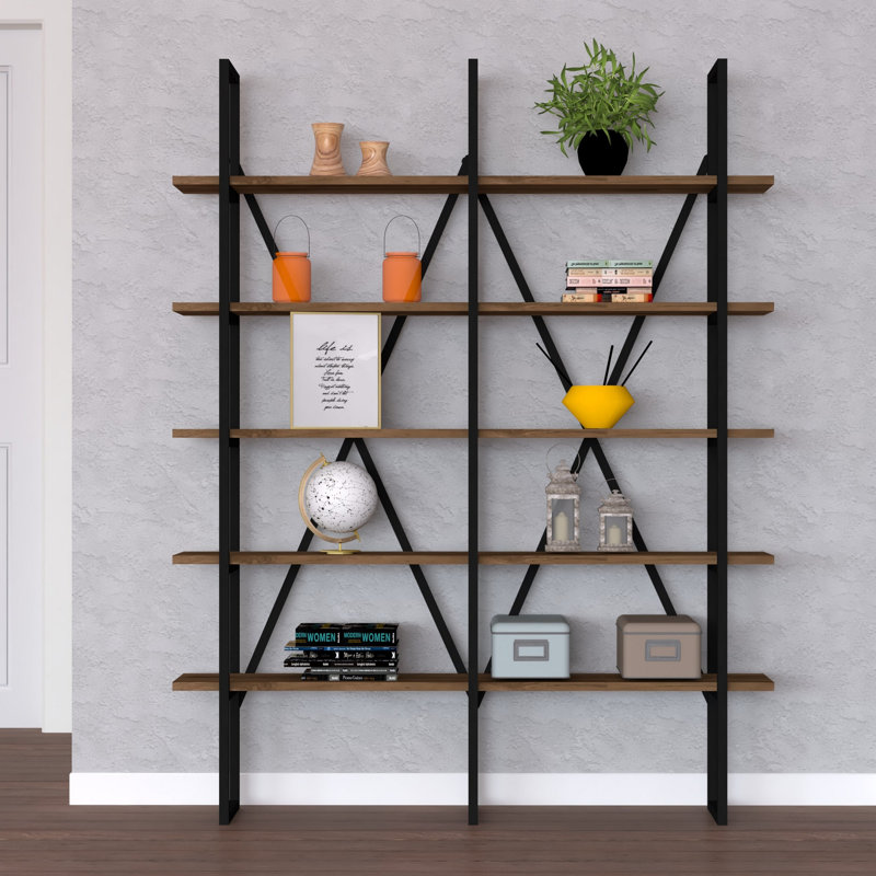 Modern Industrial Bookshelf, Walnut & Black, 49.6 x 63.0 x 10.2 inches | 100% Melamine Coated Particle Board, 0.71 inches Thick, 100% Metal Frame | Wall-Mountable with Numerous Shelves for Extra Storage