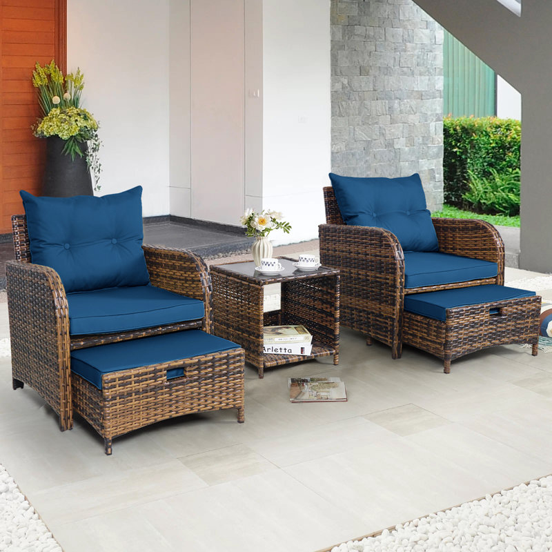 Constantino 2-Person Outdoor All-Weather Wicker Conversation Set with Ottomans and Tempered Glass Coffee Table