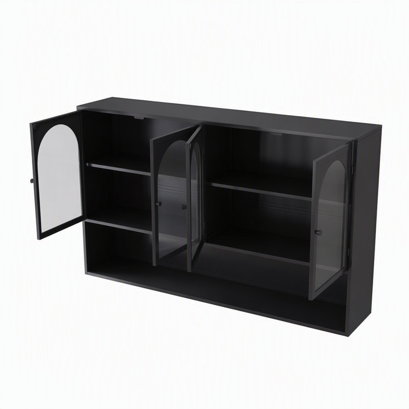 Armoire de rangement murale à quatre portes en verre avec installation facile et peu encombrante, Noir