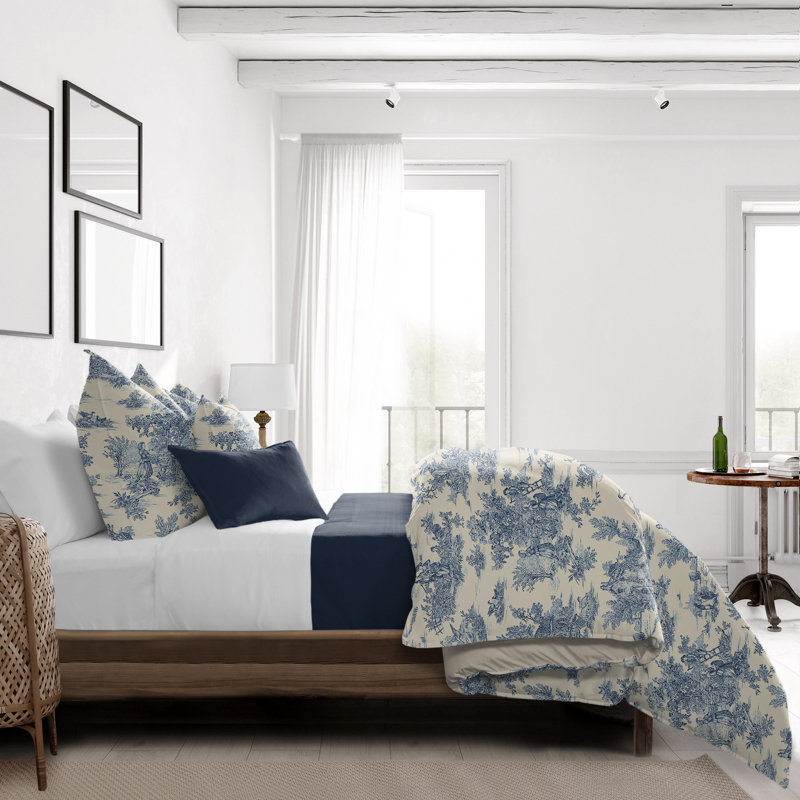 Toile De Jouy Standard Cotton Duvet Cover Set, Blue, Full / Double Duvet Cover+ 2 Shams