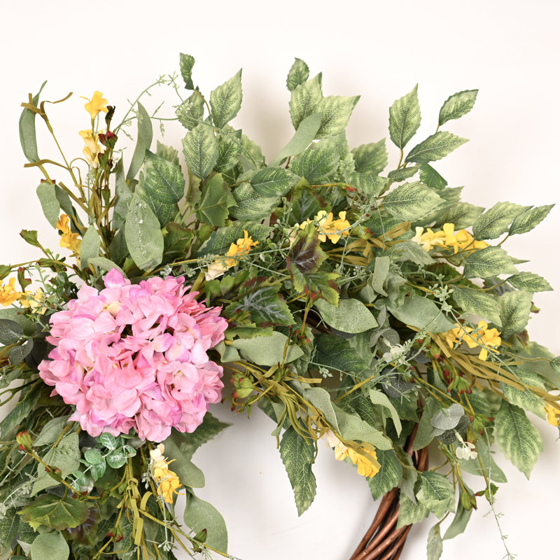 24" Handcrafted Faux Hydrangea Wreath for Front Door, Pink/Green