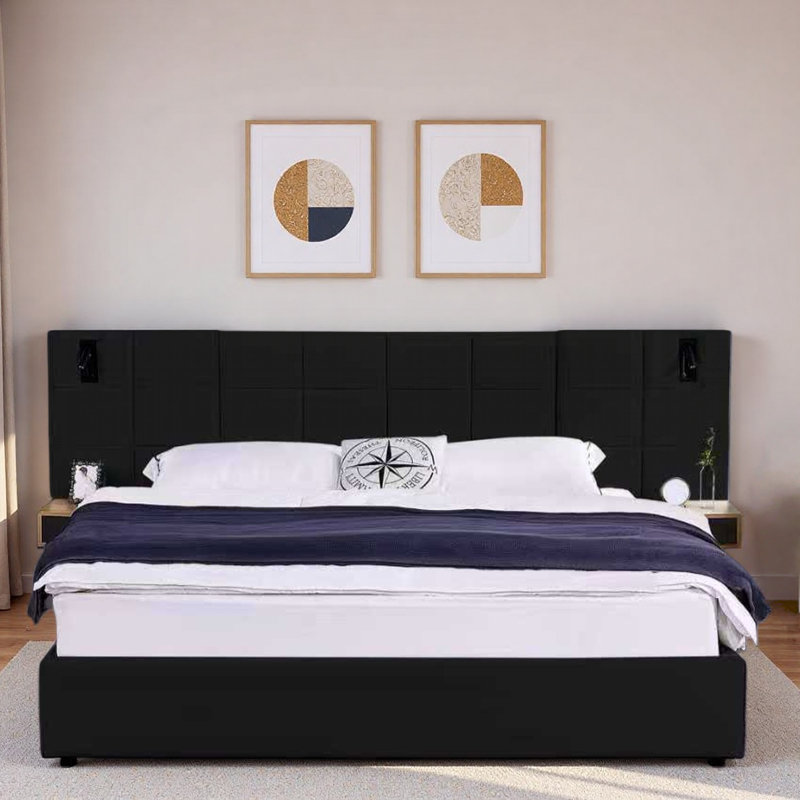 Lit plateforme tapissier hydraulique en velours avec 2 tablettes, 2 lampes de lecture et port USB, Noir
