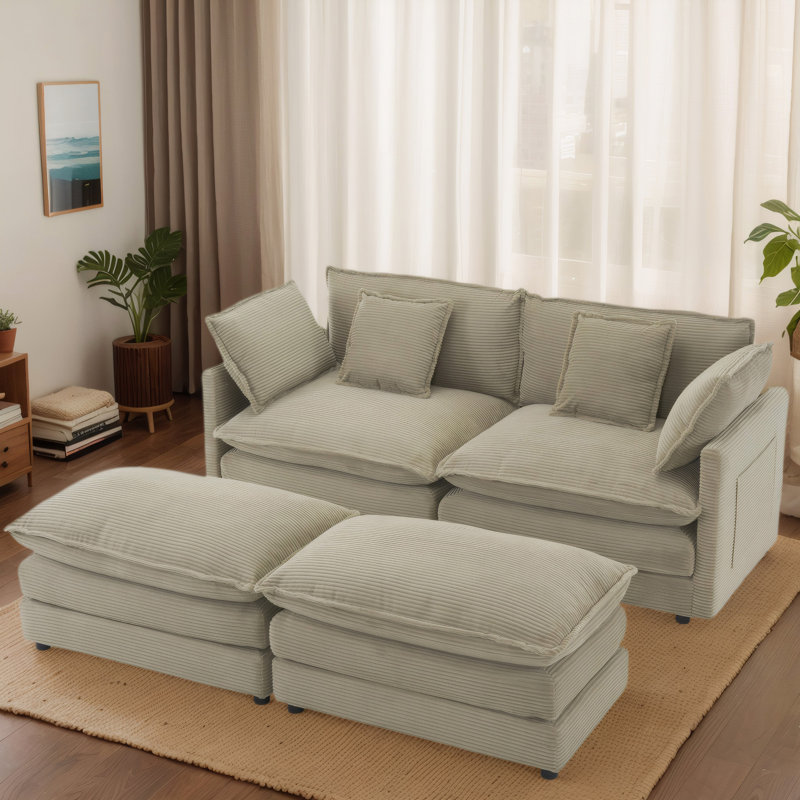 Canapé modulaire moderne en velours côtelé, repose-pieds double, poches de rangement doubles,, Brun