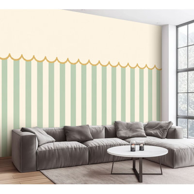 Papier peint adhésif autocollant amovible à rayures verticales vert crème avec bordure verticale festonnée et amovible pour salle de séjour H 100 po x l 144 po