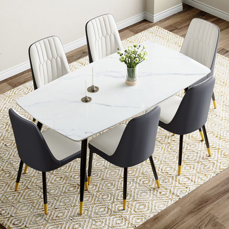 Ensemble repas en marbre, Blanc / gris, Noir, 7