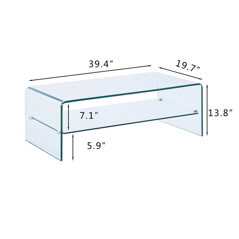 Dasher Glass Single Coffee Table, Yes, 13.8" H x 39.3" L x 19.7" W, Clear